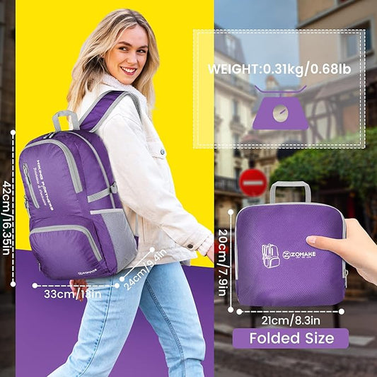 ZOMAKE Lightweight Packable Backpack, 35L Light Foldable Hiking Backpacks Water Resistant Collapsible Daypack for Travel(Purple)