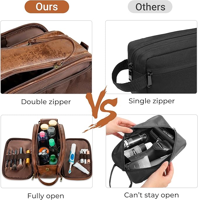 Elviros Toiletry Bag for Men, Large Travel Shaving Dopp Kit Water-resistant Bathroom Toiletries Organizer PU Leather Cosmetic Bags Fathers Day Gift (Medium, Dark Brown)