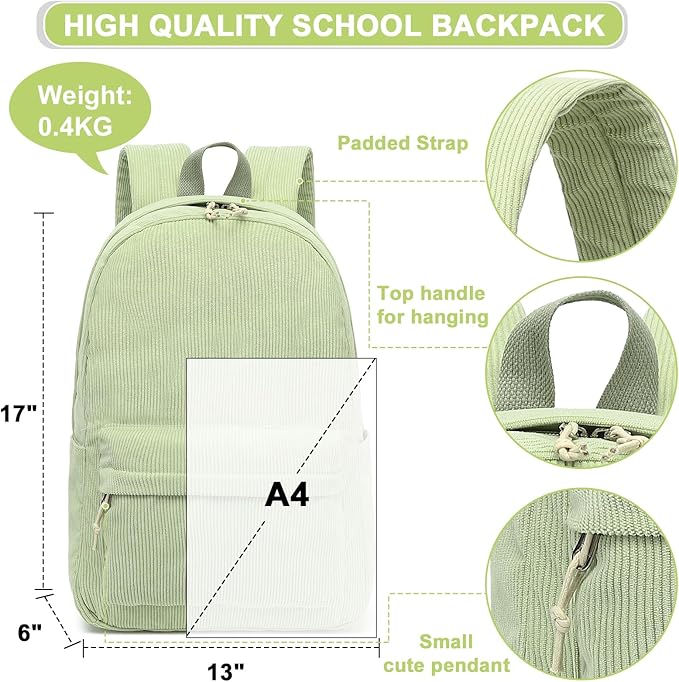 School Backpack for Teens Large Corduroy Bookbag Lightweight 15.6 inch Laptop Bag for Girls Women Casual High School College