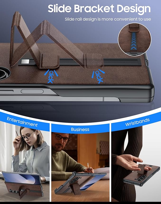 for Samsung Galaxy Z Fold 6 Case with Hand Strap & Kickstand & Hinge Protection, Ultra Slim Skin Feel Pattern Printing Full Body Shockproof Phone Case for Z Fold 6, No Screen Protector (Vintage Brown)