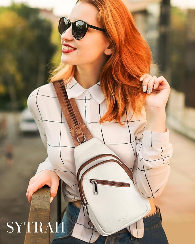 Sling Bag for Women, Crossbody Bags for Women Trendy Crossbody purse Vegan Leather Sling Backpack Chest Bag with Dual purpose Strap, Beige Brown