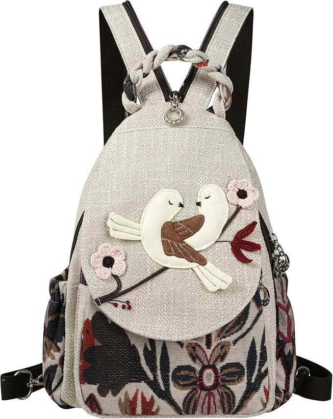 HUANGGUOSHU Boho Chic Knit Backpack - Handcrafted, Soft Fabric, Multi-pocket, Secure Zipper Pockets, Ideal Gift for Girls, Moms, and Students - Perfect Travel and School Bag-Bird Backpack