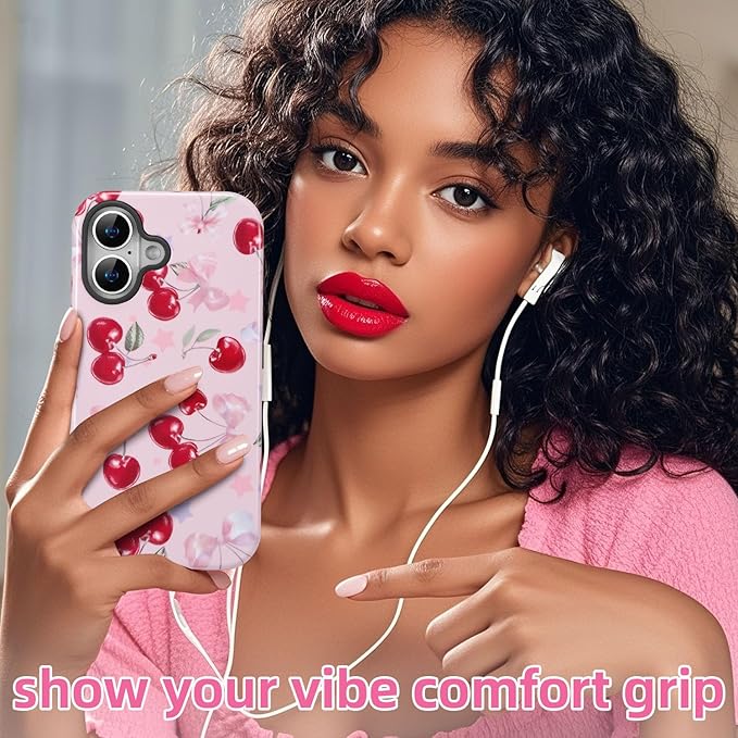 QLTYPRI Case for iPhone 16, Aesthetic Cute Pink Cherry Bow Phone Case for Girls Women, Protective Hybrid 2-Layer Hard Shell Silicone Cover Durable Shockproof Phone Cover - Pink