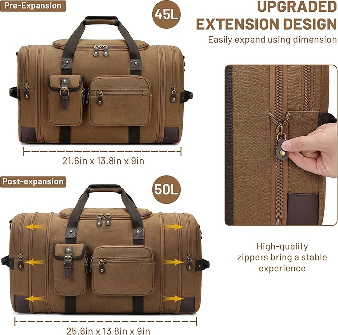 Travel Duffle Bag for Men, Duffle Bag for Travel, Heavy Duty Canvas Duffle, Carryon Bags for Airplanes, Expandable Vintage Overnight Luggage Weekender Bag, Waterproof Anti-tear Travel Bag