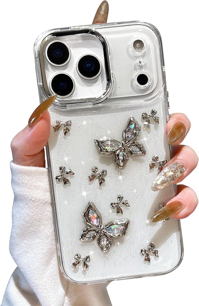 EYZUTAK Case for iPhone 17 Pro, Bling Glitter 3D Butterflies Bowknot Phone Case Cute Crystal Clear Bow Aesthetic Cover Slim Soft Durable TPU Transparent Protective Cover for Women Girls - Butterfly