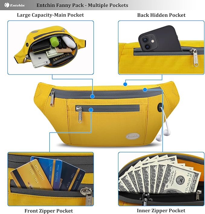 Entchin Fanny Pack for Women Men,Crossbody Belt Bag with 4-Zipper Pockets,Adjustable Waist Bag Pack,One of the Most Popular Travel Essential Gifts for Walking,Traveling,Cycling
