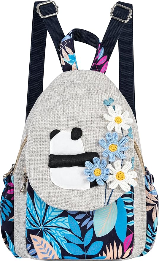 HUANGGUOSHU Women Cotton Woven Bohemian Hemp Boho Canvas Embroidery Multi Pocket Retro Cute Backpack Wallet Backpack Whimsical Cat