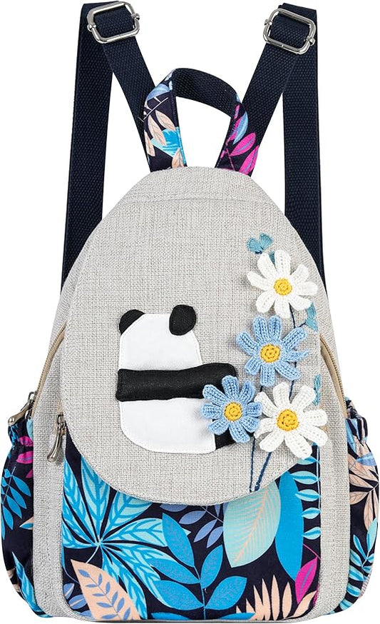 HUANGGUOSHU Women Cotton Woven Bohemian Hemp Boho Canvas Embroidery Multi Pocket Retro Cute Backpack Wallet Backpack Whimsical Cat