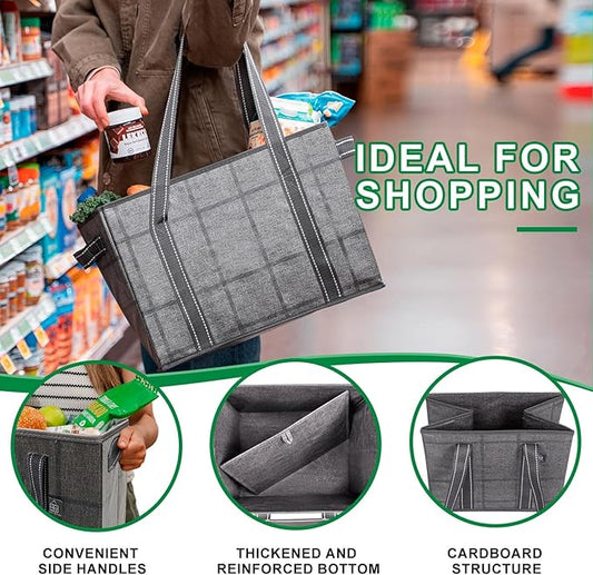VENO 2 Pack 8 Gallon Reusable Grocery Bags, Extra Large Shopping Bags for groceries, Utility Tote with Handles and Hard Bottom, Foldable Cart Organizer, Water Resistant, Heavy-Duty (Windowpane)