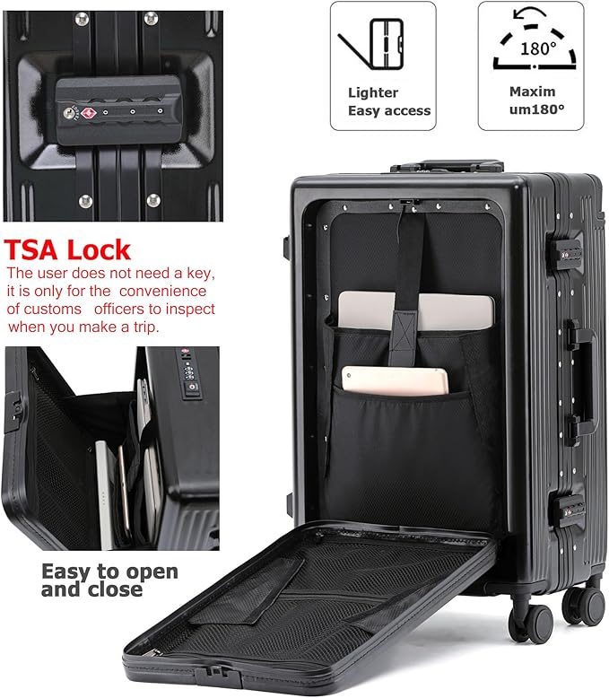 feilario 20" Aluminium Frame Hardside PC Carry on Luggage - Wide Handle Double Spinner Wheels Suitcase with TSA lock