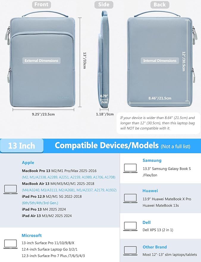 HYZUO 13 Inch Laptop Bag Sleeve for MacBook Air 13 M4 M3 M2 M1 2025-2018, MacBook Pro 13 M2 M1 2025-2016, 13" iPad Pro/Air, Surface Pro, XPS 13, Protective Case for 12"-13" Tablet, Pale Blue
