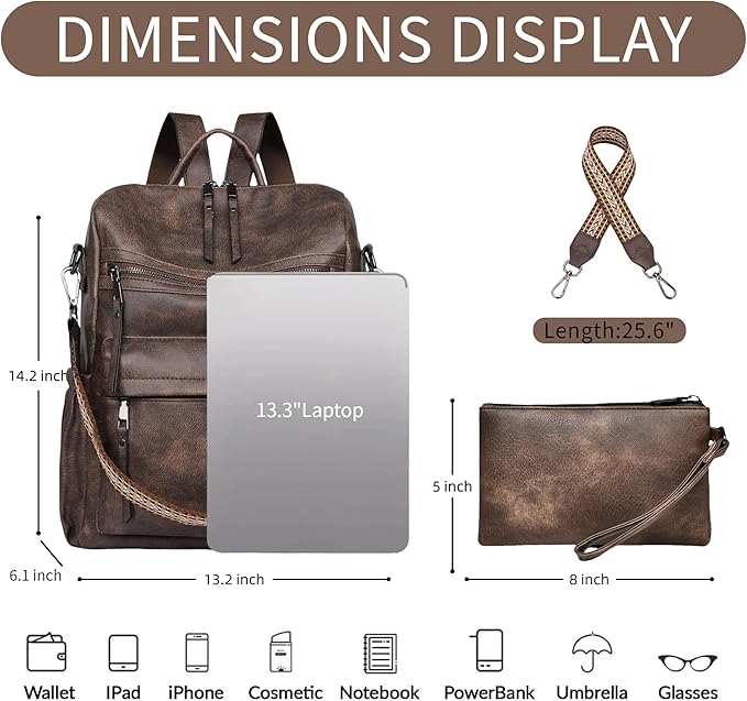 Dora & Liz Womens Backpack Purse Leather Fashion Travel Backpack Purse for Women Designer Ladies Shoulder Bags with Wristlet