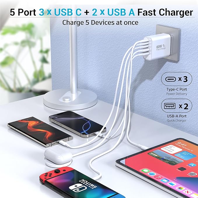 USB C Block 60W, 5 Ports Wall Plug Fast Charging Block, PD+QC Multiport Power Adapter USB C Charger Type C for iPhone 17,17 Air,17 Pro,17 Pro Max,16,15,14,13,12,11,X, Galaxy S25, S24,Tablet