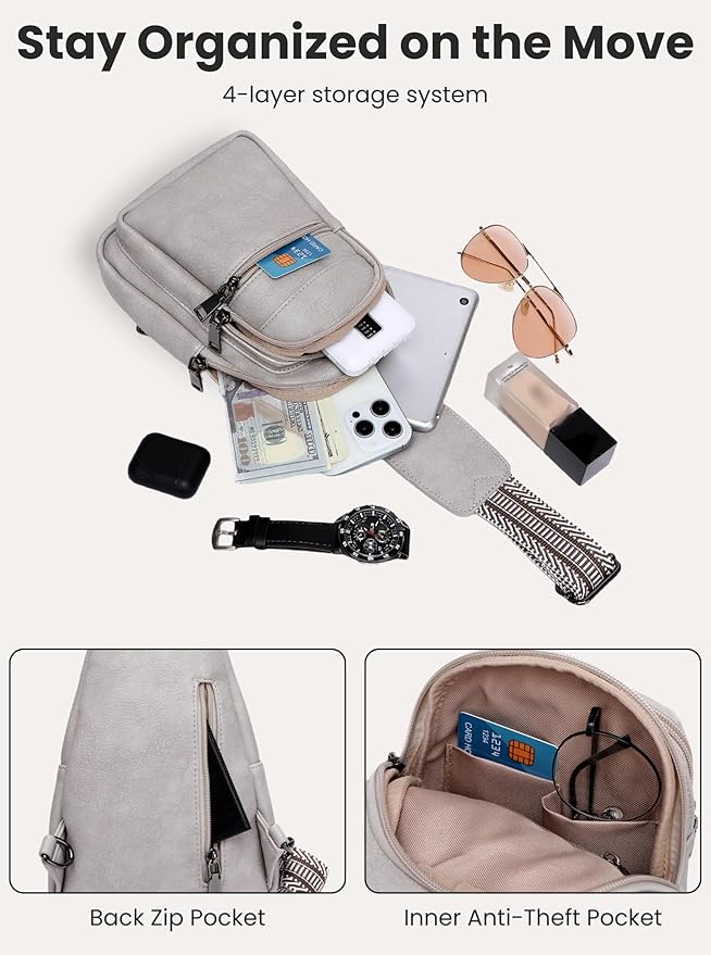 Sling Bag for Women Vegan Leather Fanny Pack Small Crossbody Purse Anti Theft Chest Bag for Travel Gray