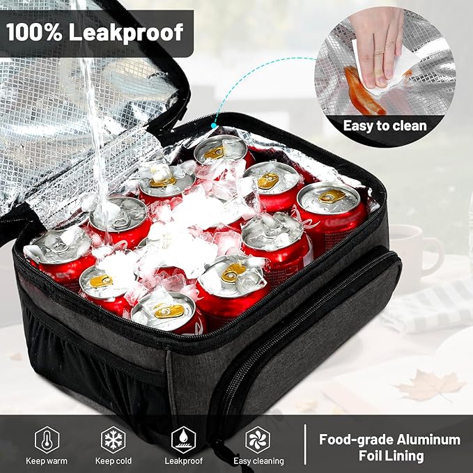 MIER Dual Compartment Lunch Bag Tote with Shoulder Strap for Men and Women Insulated Leakproof Cooler Bag, Dark Grey