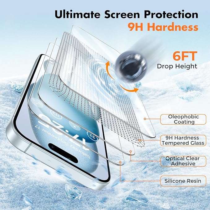 UNBREAKcable 4-Pack Screen Protector for iPhone 15, Tempered Glass | 9H Hardness | Double Shatterproof | 99.99% HD Clear | Case Friendly | Easy Installation Frame | For 6.1 inch iPhone