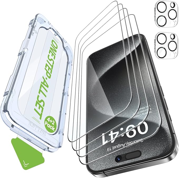 iGluz 4 Pack for iPhone 15 Pro Screen Protector with 2-Pack Camera Lens Protector[99.99%HD Clear][9H Tempered Glass][Bubble Free][Easy Installation][Smooth Touch][Anti-fingerprint],4+2 Dual Protection