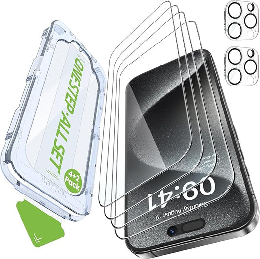 iGluz 4 Pack for iPhone 15 Pro Screen Protector with 2-Pack Camera Lens Protector[99.99%HD Clear][9H Tempered Glass][Bubble Free][Easy Installation][Smooth Touch][Anti-fingerprint],4+2 Dual Protection