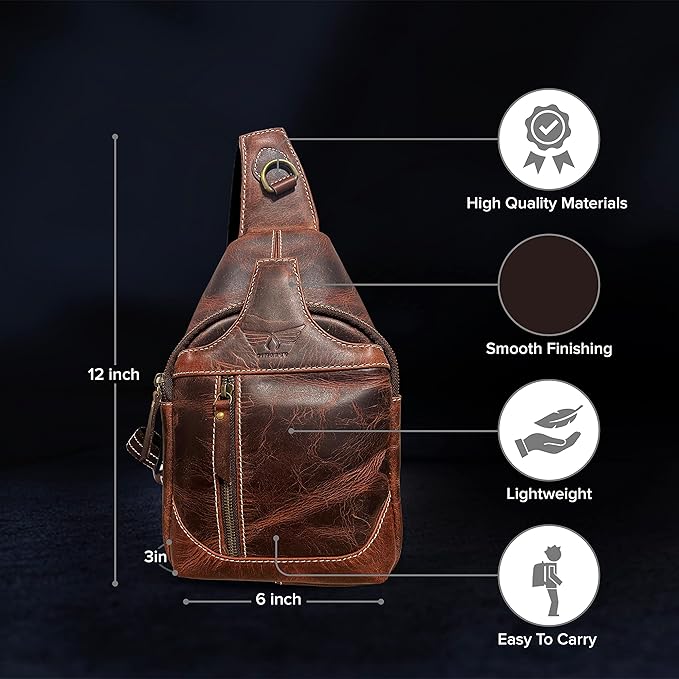 Leather Cross-body Sling Bag Casual Daypack Backpack Chest Shoulder Multi-Purpose Timeless Design Small Men (Rustic Brown)