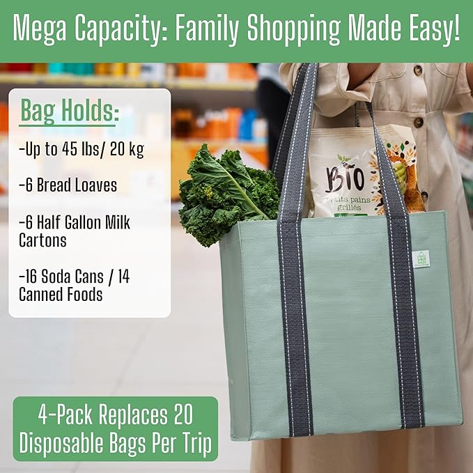 VENO 2-4 Pack Reusable Grocery shopping Bags, Small Tote Bag w/Handle Hard Bottom, Heavy Duty, Foldable Carrier