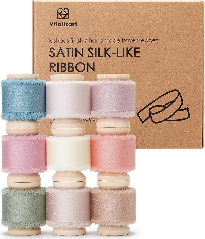 Vitalizart Silk Satin Ribbon 1 Inch x 45 Yard Wooden Spool Handmade Frayed Ribbon for Gift Wrapping Baby Shower Wedding Bridal Bouquets Holiday Decor 9 Rolls x 5 Yard