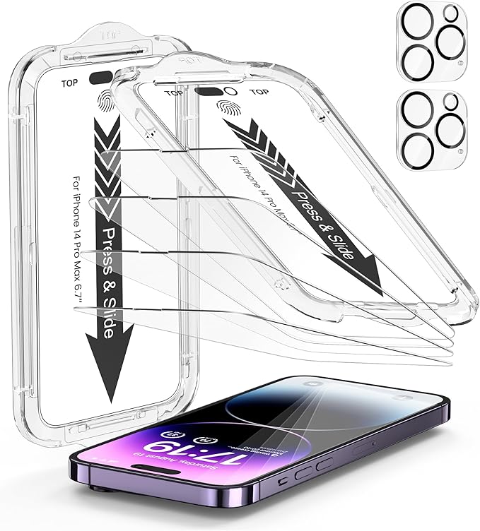 EZ-GLAZ- 4 Pack for iPhone 14 Pro Max Screen Protector [6.7"] With 2 Pack Camera Lens Protector, 9H+ Hardness 12FT Military Grade Shatterproof Scratch Resistant Durable Tempered Glass Film with Flawless Fit Kit, HD Clear
