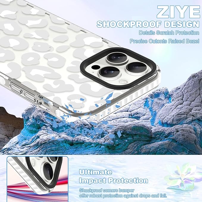 ZIYE Clear Case for iPhone 13 Pro Phone Case White Leopard Design Shockproof Soft TPU Bumper Protective for Women Girls Girly Cute Cover for