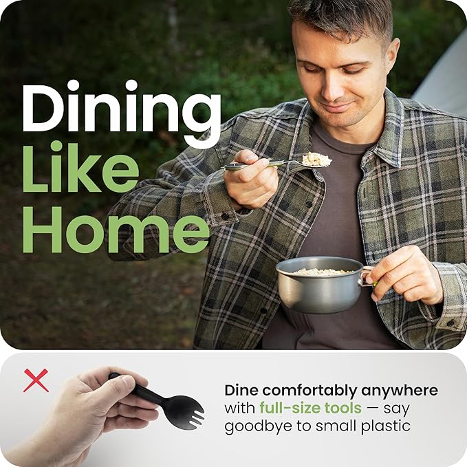 Orblue 4-in-1 Camping Eating Utensils, 2-Pack - Portable Spoon, Fork, Knife & Bottle Opener Combo Set - Stainless Steel Flatware with Detachable Fork - Travel, Backpacking Cutlery Multitool, Green