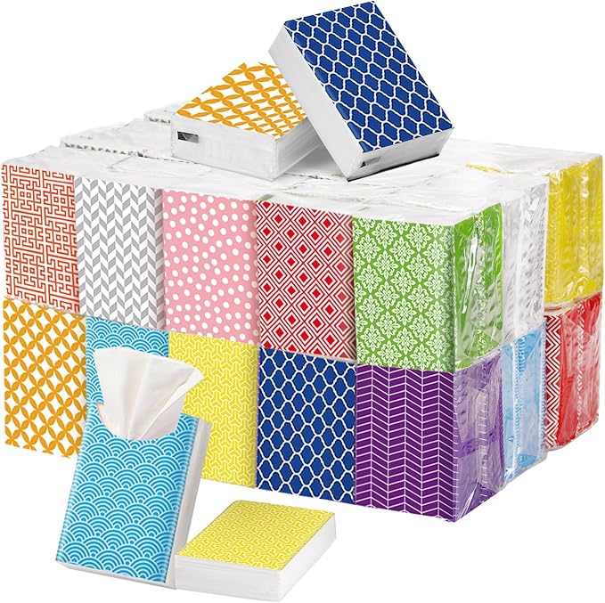Crtiin 50 Pcs Travel Tissue Bulk Geometry Designed Pocket Tissues Small Size Individual Travel 3 Ply Paper Facial Tissues for Guests Celebration Graduation