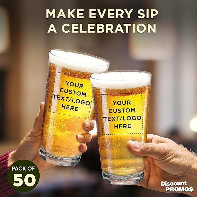 Custom Casale Pint Glass 16 oz. Set of 50, Personalized Bulk Pack - Beer Glasses, Heavy Duty Drinkware - Clear