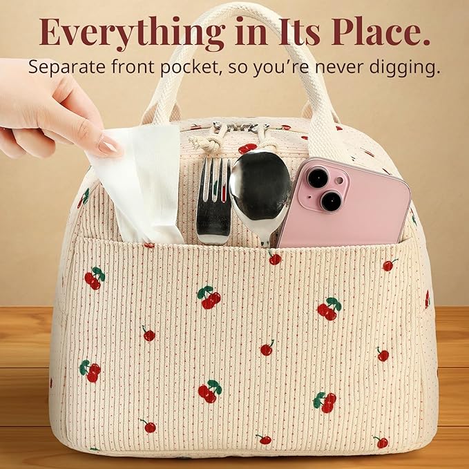 Insulated Cherry Lunch Bag for Women, Stylish Corduroy Tote with Aluminum Lining, Large Capacity Reusable Cooler for Work, Travel, Beach or Picnic, Beige Cream Water-Resistant Lunch Box