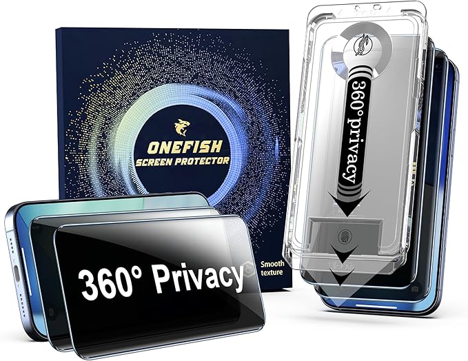 OneFish Screen Protector Privacy Compatible with iPhone 17 Pro 2 Pack 4 Way 360° Anti-Spy Tempered Glass, 9H Hardness, 3D Curved Edges, Case-Friendly & Easy Installation