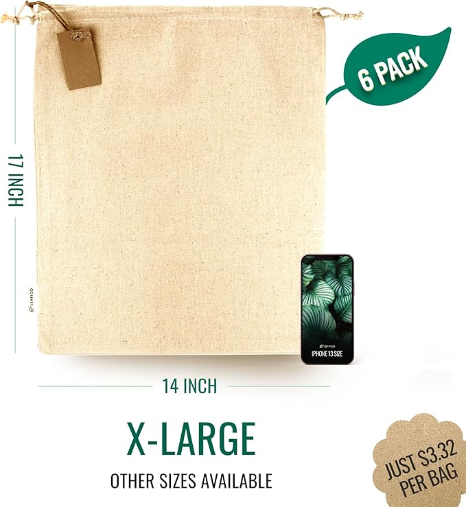 Cotton Storage Bags – X-Large 14x17 Inch (6-Pack) – Reusable Muslin Bags with Drawstrings – Biodegradable Canvas Fabric Sacks – Perfect for Bread, Bulk Produce, Potatoes, Onions, Shoes