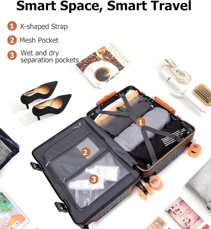 feilario 24" Aluminum Frame Wide Handle Hard Shell Carry On Suitcase - Vivid Colors Double Spinner Wheels Airline Approved Rolling Luggage with TSA Lock & Cup Holder (Black, 24in)