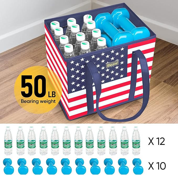 BALEINE 3Pk Reusable Grocery Bags, Foldable Shopping Bags for Groceries with Reinforced Bottom & Handles (Patriot Celebration)