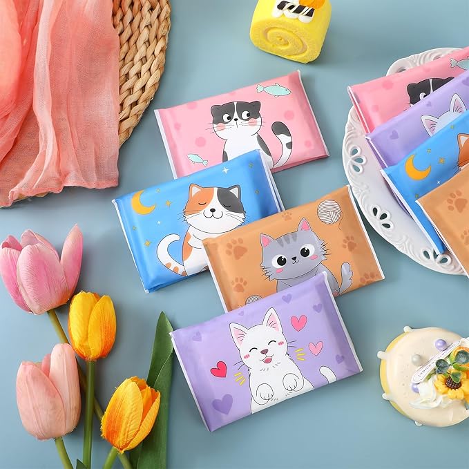 PerKoop 100 Pack Pocket Tissues Travel Slim Packs Small Facial Tissues Wallet Size Toilet Paper for Travel Guest Wedding Supplies, 4 Styles(Cat)