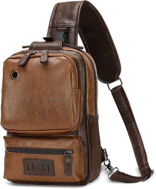 Vintage PU Leather Sling Backpack for Men, Crossbody Bag, Adjustable Shoulder Strap, Compact Backpack for Travel, Daily Use, and Gift, Light Brown