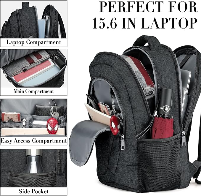 Travel Laptop Backpack for Men and Women, Backpacks for School Teen Boys, Business Anti Theft Slim Durable Back Pack with USB Charging Port, Adult Computer Bag Gift 15.6 IN Laptop, Black