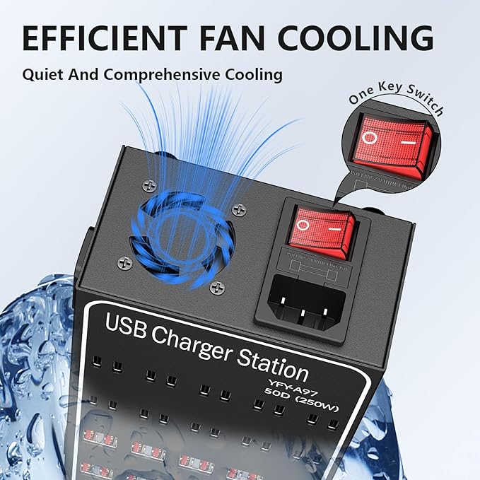 Multiple USB Charging Station, RUANSZZ 50 Port 250 Watt (50A) USB~C Charger Block with Power Switch, Multiple USB Desktop Charger Station, Suitable for Shops, Hotels, Schools, Shopping malls