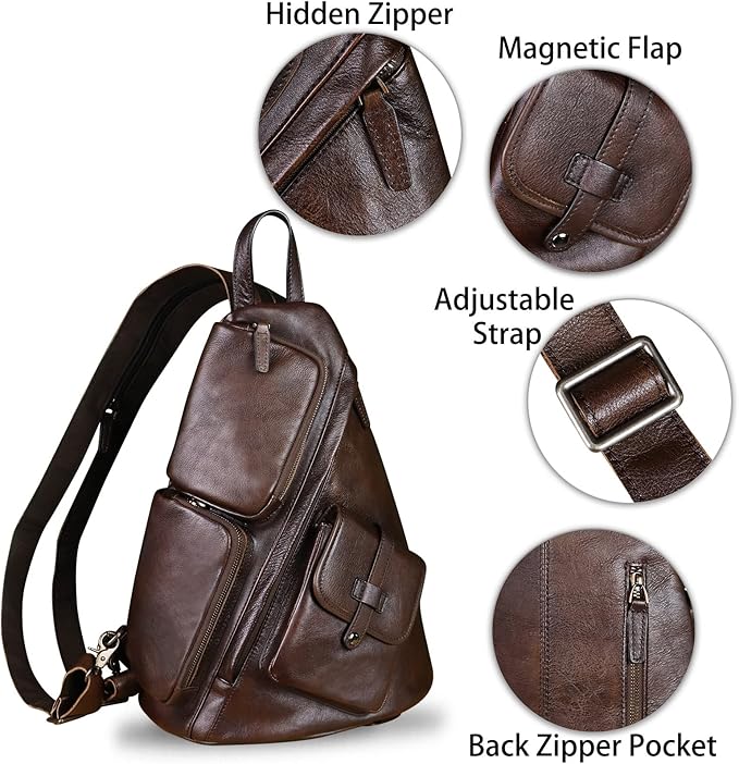 Genuine Leather Large Sling Bag for Men and Women Large Sling Backpack Purse Shoulder Crossbody Chest Bag for Ipad (Coffee)