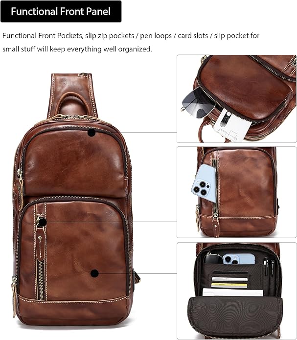 LANNSYNE Full Grain Leather Sling Bag For Men Crossbody Chest Daypack fits 10.5" iPad