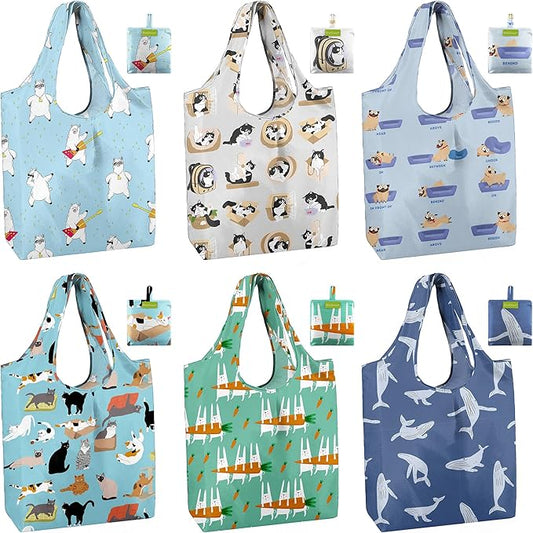 BeeGreen Reusable Grocery Bags 6 Pack, Heavy Duty Totes for Women, Foldable Grocery Bag Large Shopping Totes with Handles for Work, Travel, Gift, Store, Polyester Washable Reusable Tote Bag