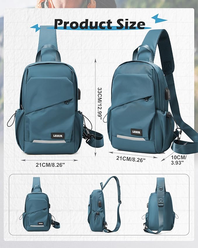 Small Sling Bag for Men Women - Lightweight Crossbody Backpack, Multipurpose Shoulder Bag, Compact Chest Daypack for Travel Hiking Gym Sport with USB Charger Port Peacock Blue
