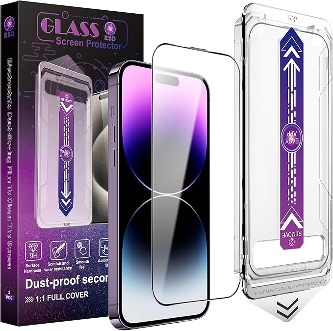 CHISHA 2-Pack Screen Protector Tempered Glass for iPhone 16 Plus and iPhone15 Plus and iPhone 14 Pro Max 6.7-Inch, Auto Dust Removal, No Bubbles, High Definition Clear, Easy Installation