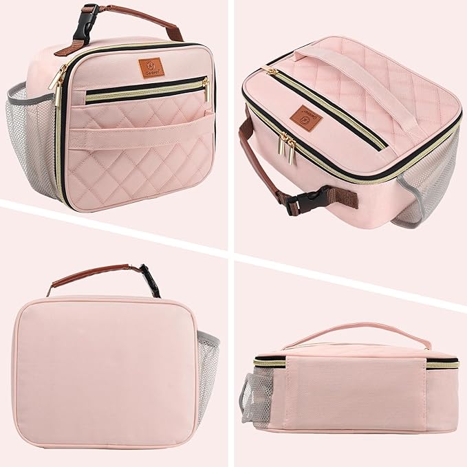 Genteen Lunch Box for Women Adults Girls - Insulated LunchBox Reusable, Zip Closure & Buckle Handle, Portable Cooler for Work, School, Travel (Pink)