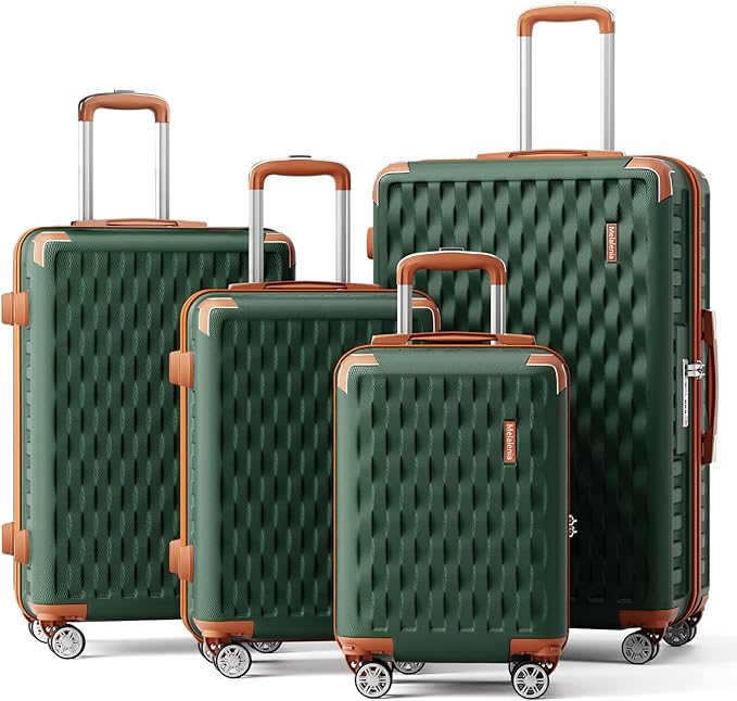 Melalenia Luggage Sets 4 Piece Hard Shell Carry on Suitcase with Spinner Wheels and TSA Lock, Lightweight Travel Duffel Bag for Women, Men, Green Brown