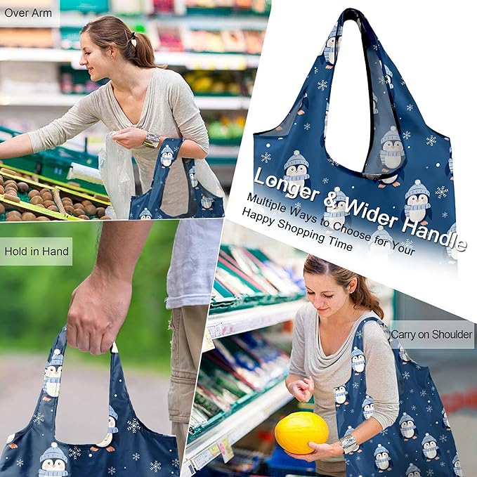 BeeGreen Christmas Reusable Grocery Bags with Zipper Storage Pouch 6 Pack Peguins Reusable Shopping Bags Bulk with Elastic Band Foldable-Machine Washable Christmas Gifts Tote Bags