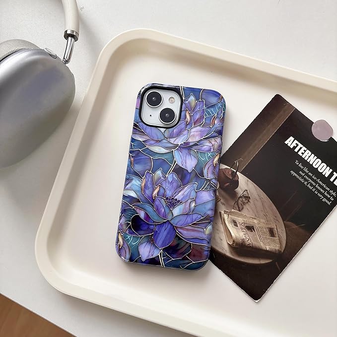 QLTYPRI Flower Case for iPhone 14 Plus/15 Plus, Aesthetic Cute Floral Phone Case for Girls Women, Protective Hybrid 2-Layer Hard Shell Silicone Cover Durable Shockproof Phone Cover - Purple Lotus