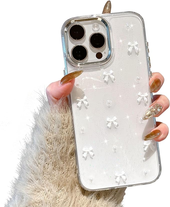 EYZUTAK Case for iPhone 12 Pro Max, Bling Glitter 3D Bowknot Phone Case Cute Sparkly Crystal Clear Bow Aesthetic Design Case Slim Soft Durable TPU Transparent Protective Cover for Women Girl-White Bow