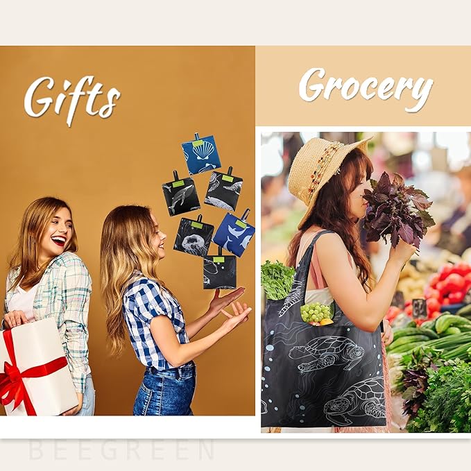 BeeGreen Animal Lover Reusable Grocery Bags | Foldable Tote Bags with Handles, Reusable Gift Bulk 6 Set for Women, Heavy Duty Washable Polyester Travel & Shopping Basket